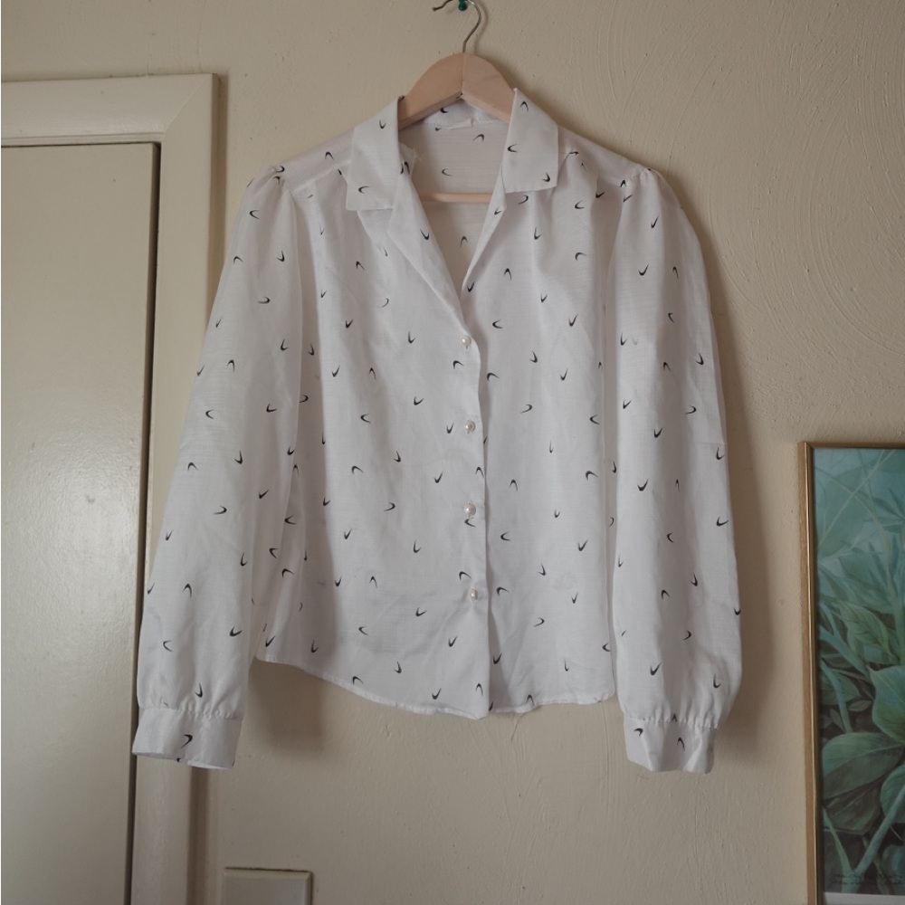 White Button-Up Shirt with Black Pattern